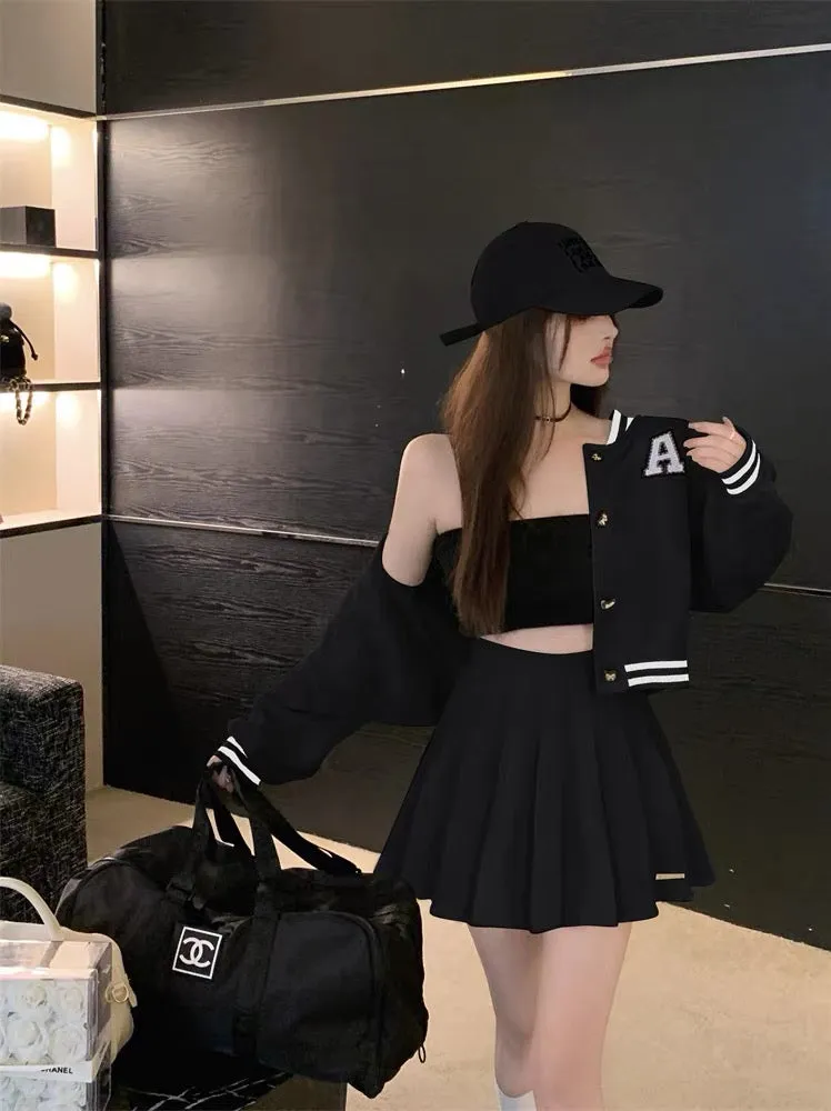 Contrast color striped baseball uniform jacket top women's autumn hot girl suit high waist pleated jk skirt skirt two-piece set