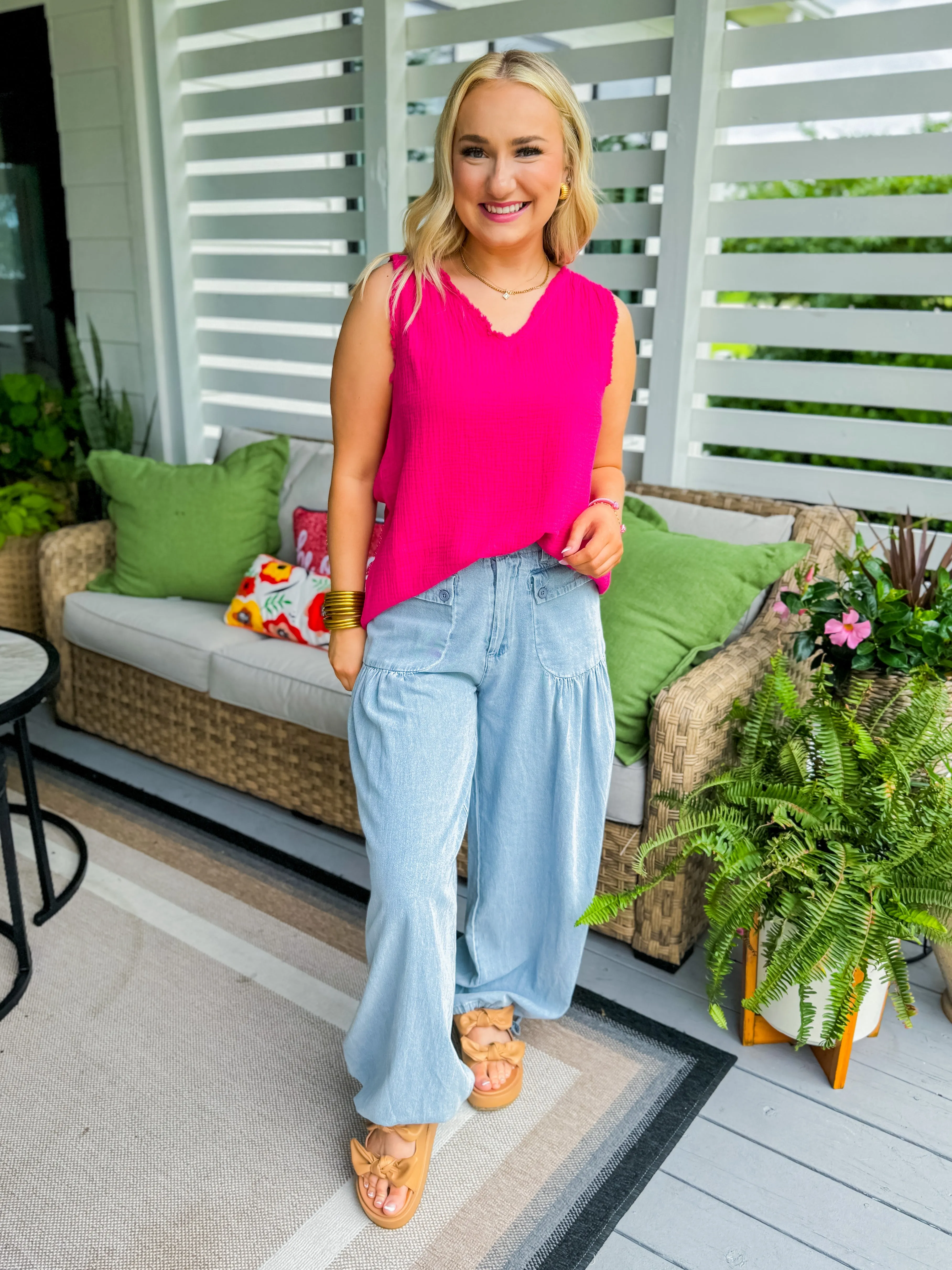 Cotton Gauze Sleeveless Top in Magenta