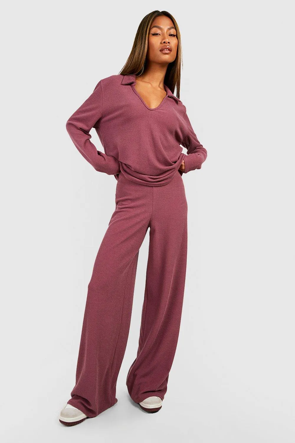 Crinkle Rib Relaxed Fit Wide Leg Pants