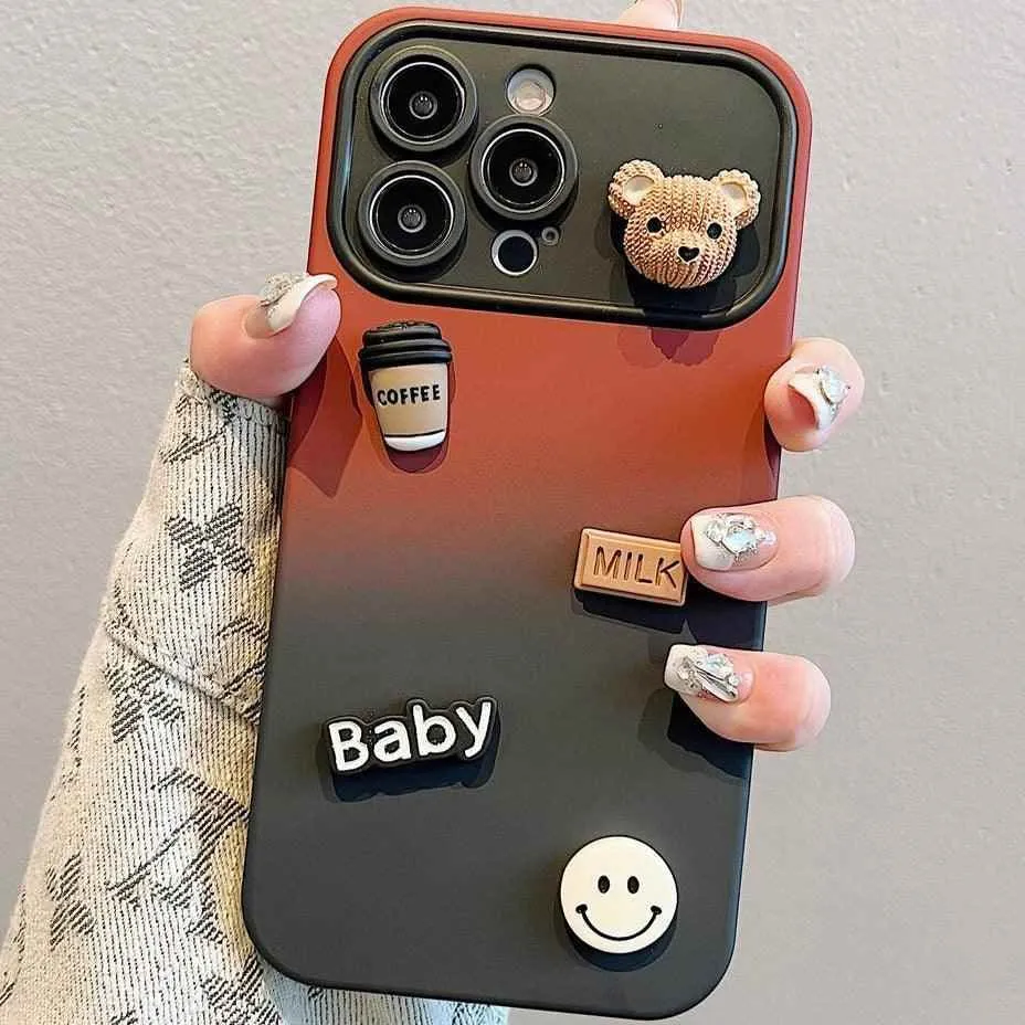 Cute Gradient 3D Coffee Bear Phone Case - For iPhone 14, 13, 12, 11 Pro Max, X, XR, XS Max Cover