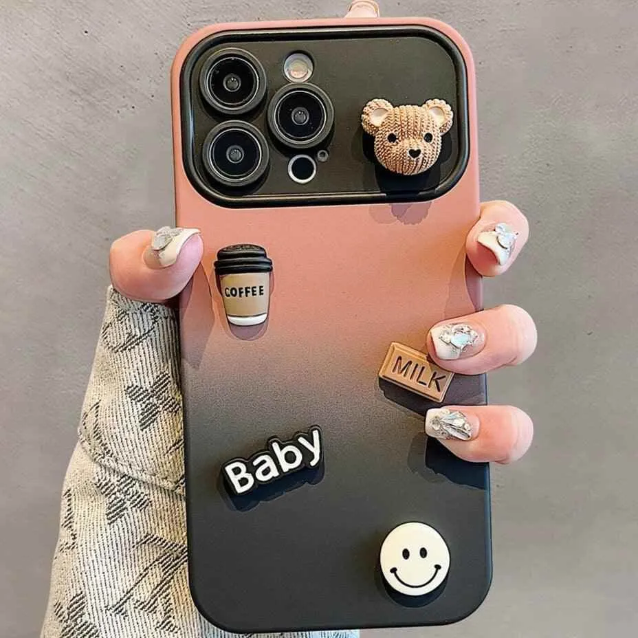 Cute Gradient 3D Coffee Bear Phone Case - For iPhone 14, 13, 12, 11 Pro Max, X, XR, XS Max Cover