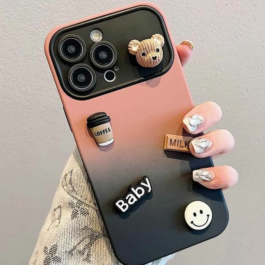 Cute Gradient 3D Coffee Bear Phone Case - For iPhone 14, 13, 12, 11 Pro Max, X, XR, XS Max Cover