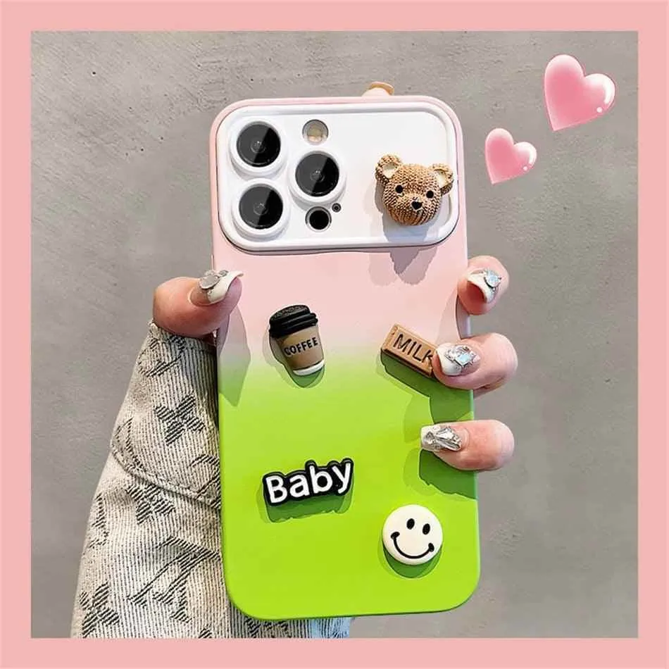 Cute Gradient 3D Coffee Bear Phone Case - For iPhone 14, 13, 12, 11 Pro Max, X, XR, XS Max Cover