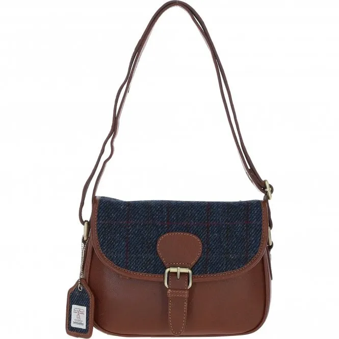 Elegant Ashwood Leather & Harris Tweed Crossbody Bag Tan/Navy: TW-27-011-TN