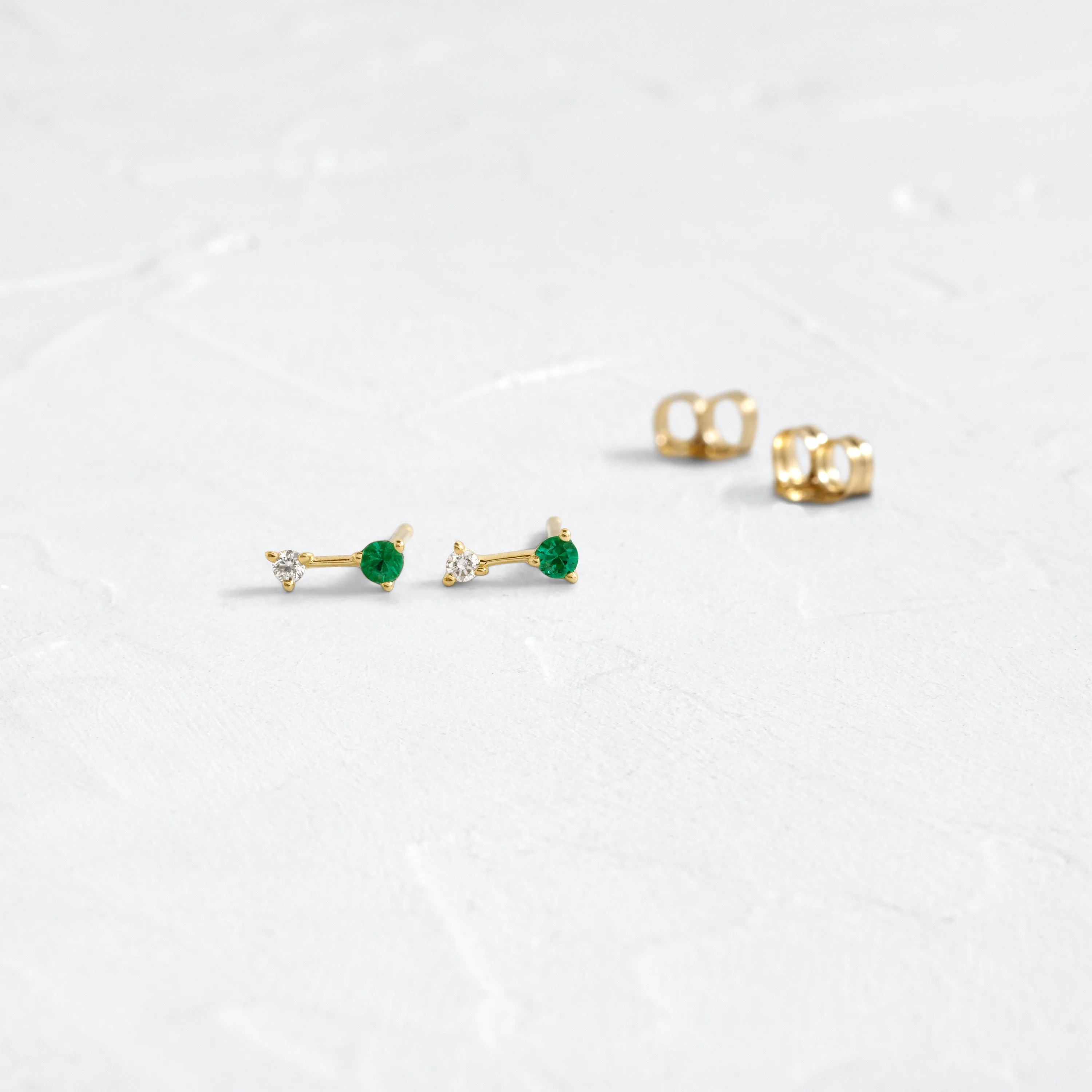 Emerald and Diamond Tinsel Two-Stone Studs - In Stock