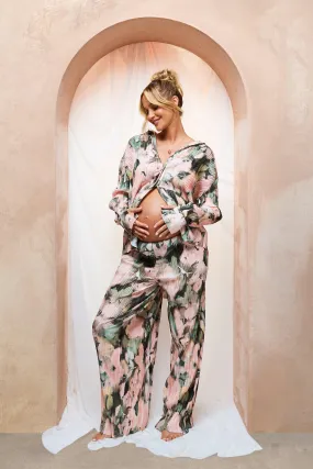 Emily Shak Maternity Plisse Floral Print Under Bump Drawstring Wide Leg Pants