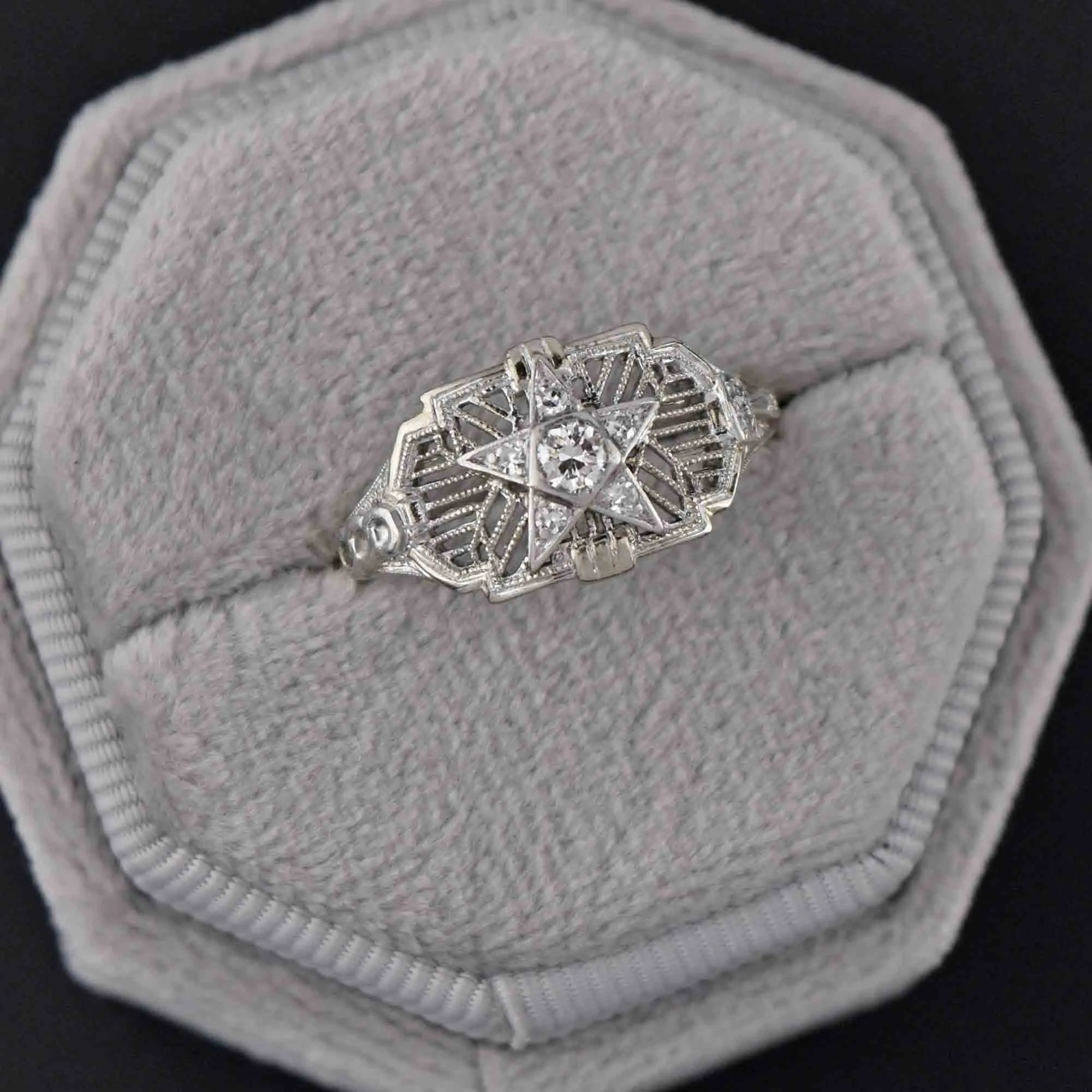 Estate 14K White Gold OES Diamond Star Ring, Sz 8.25