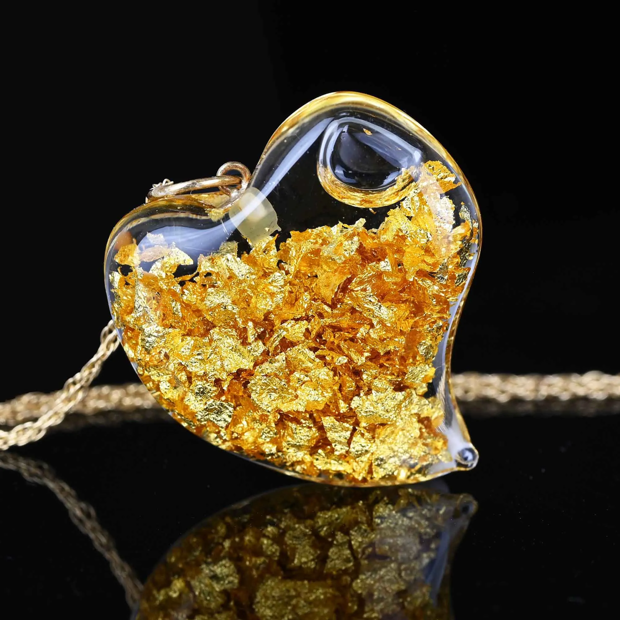 Floating 24K Gold Flake Witches Heart Pendant in 14K Gold