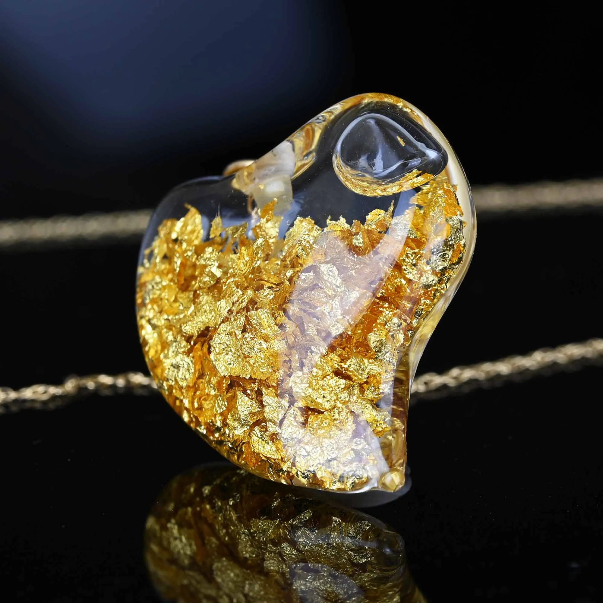 Floating 24K Gold Flake Witches Heart Pendant in 14K Gold