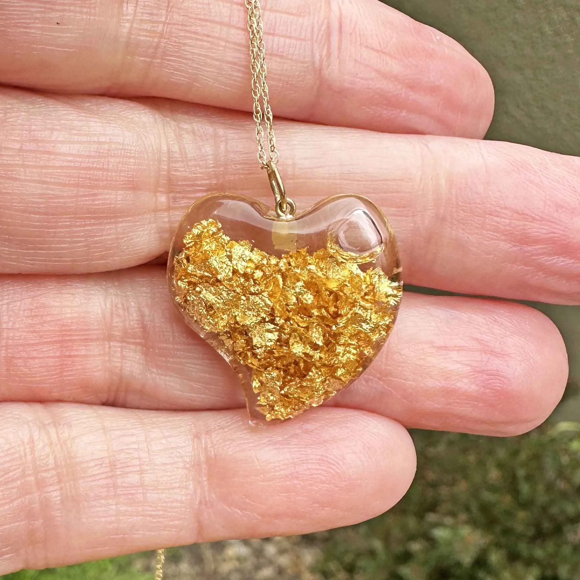 Floating 24K Gold Flake Witches Heart Pendant in 14K Gold