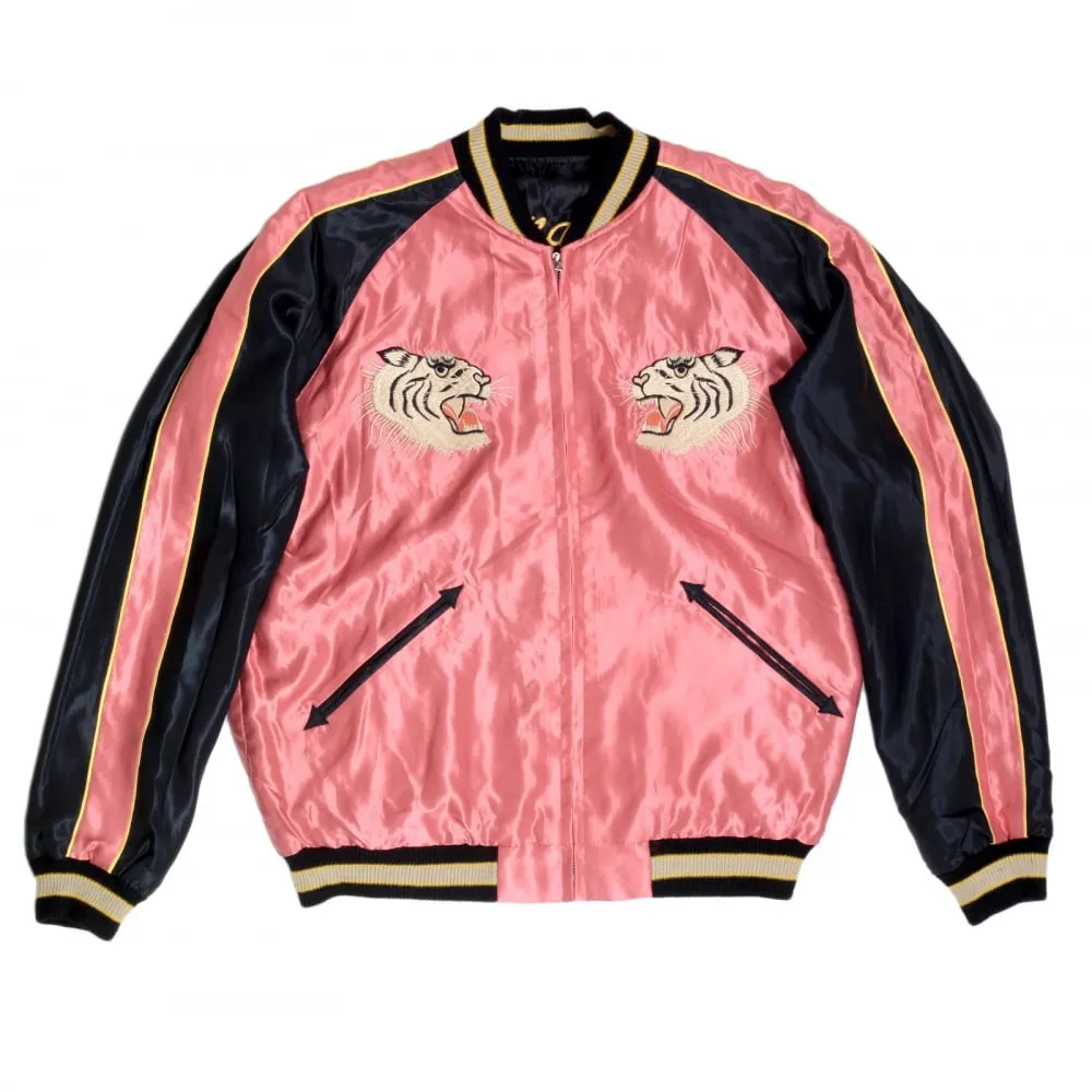 Fully Reversible Suka Jacket in Pink and Black with Tiger Embroidery by Sugar Cane TOYOSC7526A