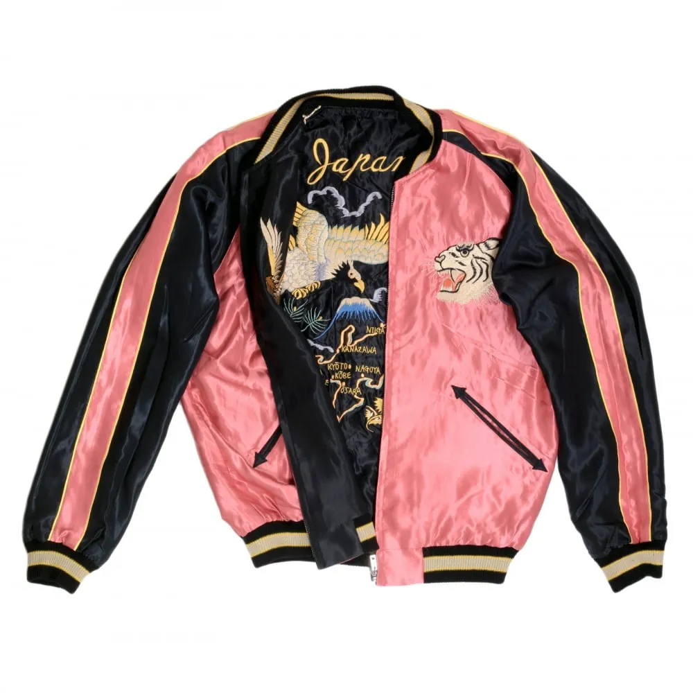 Fully Reversible Suka Jacket in Pink and Black with Tiger Embroidery by Sugar Cane TOYOSC7526A