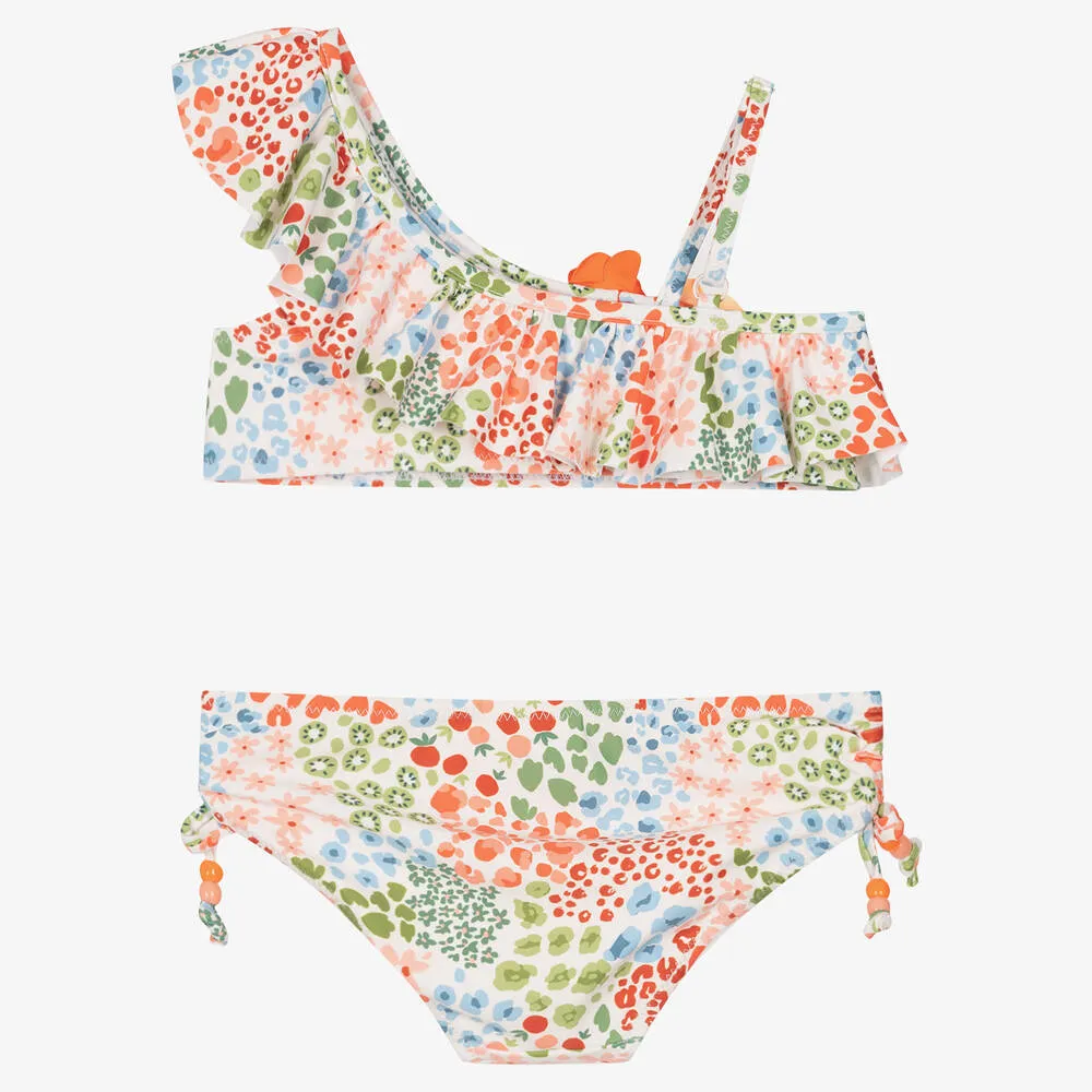 Girls Ivory & Orange Floral Bikini