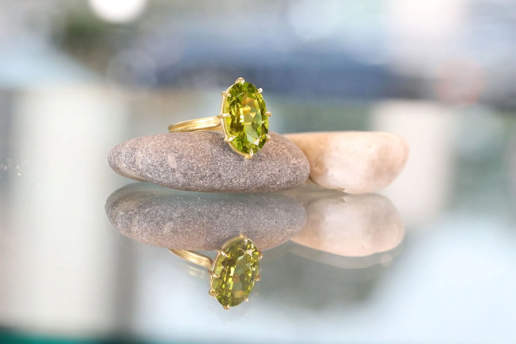 Gold Multi-Prong Large Vertical Oval Peridot Ring