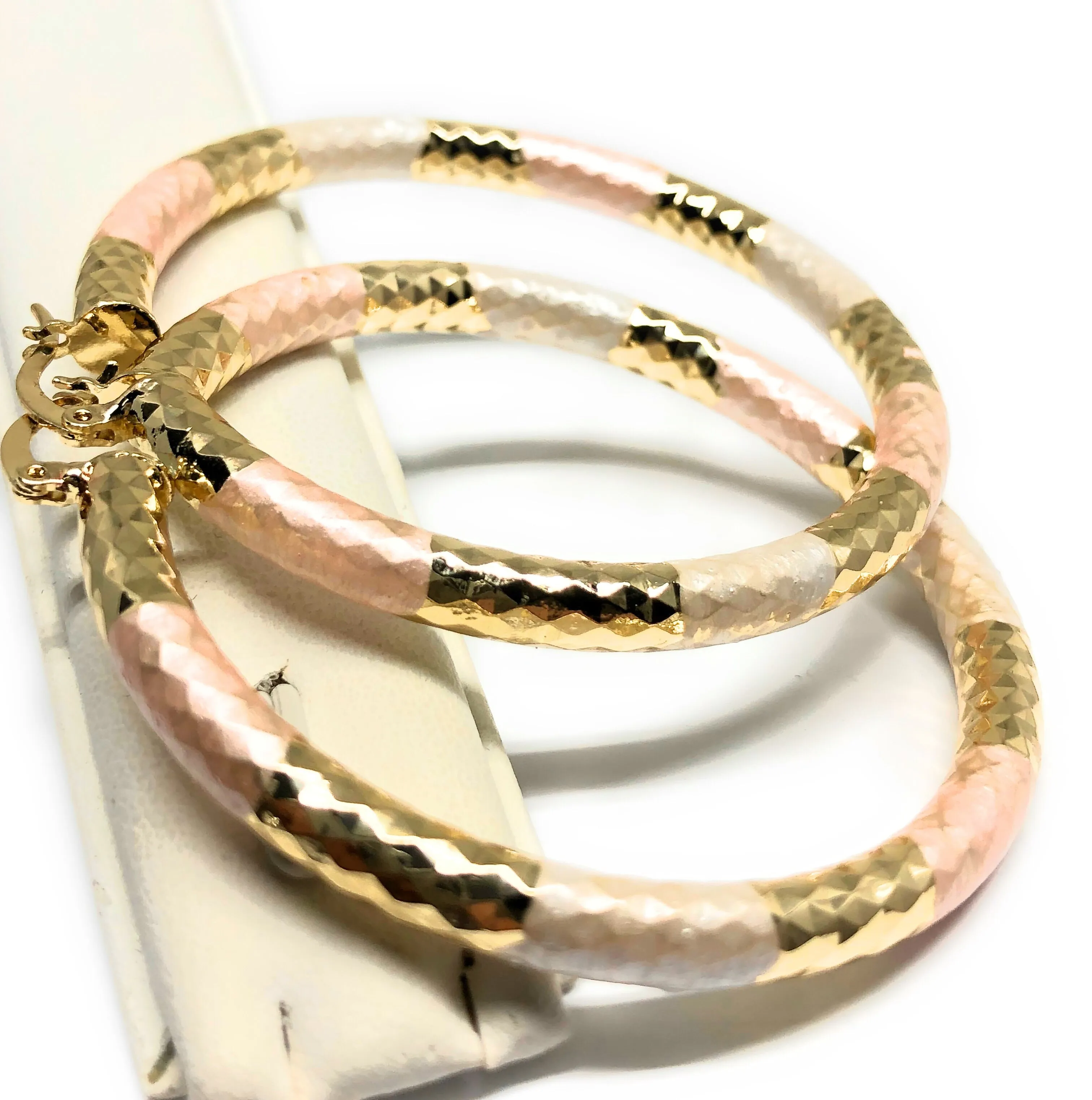 Gold Plated Tri-Color Tube Hoop Earrings Aretes Tubo Arracada Tres Colores