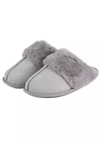 Grey Real Suede Mules with Fur Cuffs by Totes | Look Again