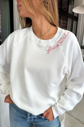 ISTOLEMYBOYFRIENDSSHIRT CUSTOM FUCK IT EMBROIDERED SWEATER IN OFF WHITE/CREAM/PASTEL PINK THREAD