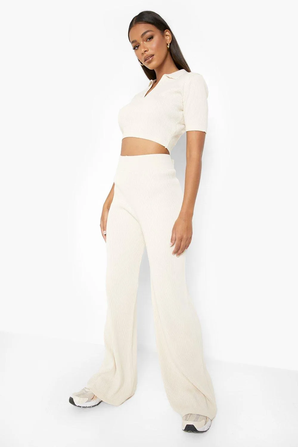 Knitted Polo Top & Wide Leg Pants Two-Piece