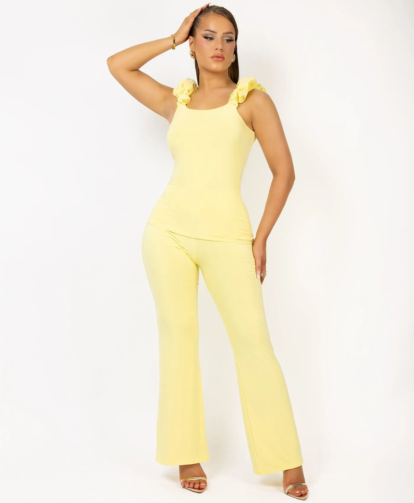 Lemon Ruched Vest Top And Flare Trousers Set