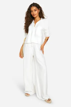 Linen Look Puff Sleeve Shirt & Wide Leg Pants