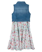 Macy's Rare Editions Toddler & Little Girls Denim Vest Dress Outfit with Necklace, 3 Pc