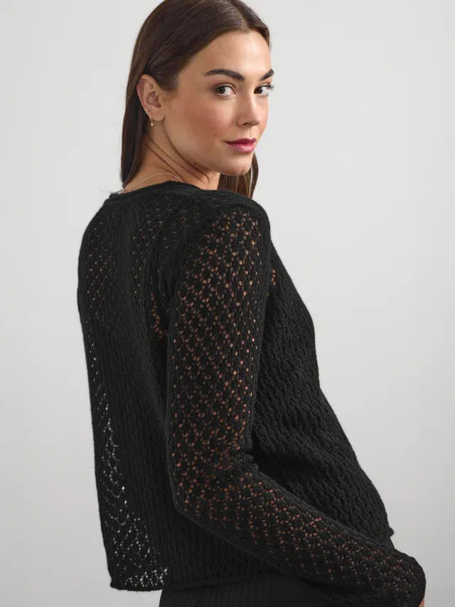 Margaret O'Leary Cashmere/Silk Lace Vee Cardigan in Black 