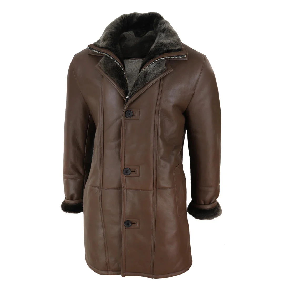 Men's 3/4 Duffle Jacket Sheepskin Long Button Zip Warm - Brown