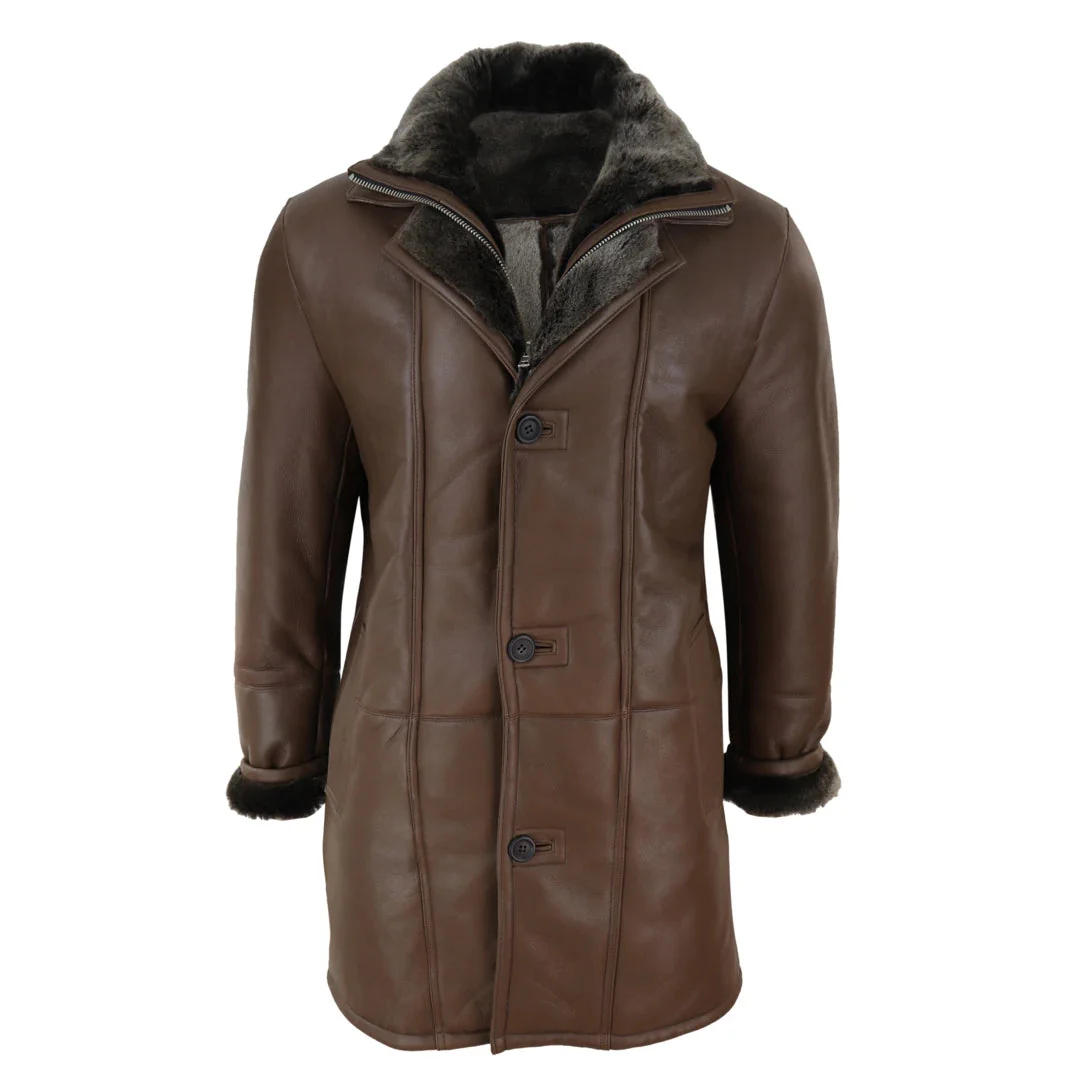 Men's 3/4 Duffle Jacket Sheepskin Long Button Zip Warm - Brown