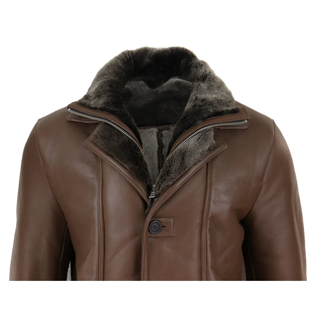 Men's 3/4 Duffle Jacket Sheepskin Long Button Zip Warm - Brown