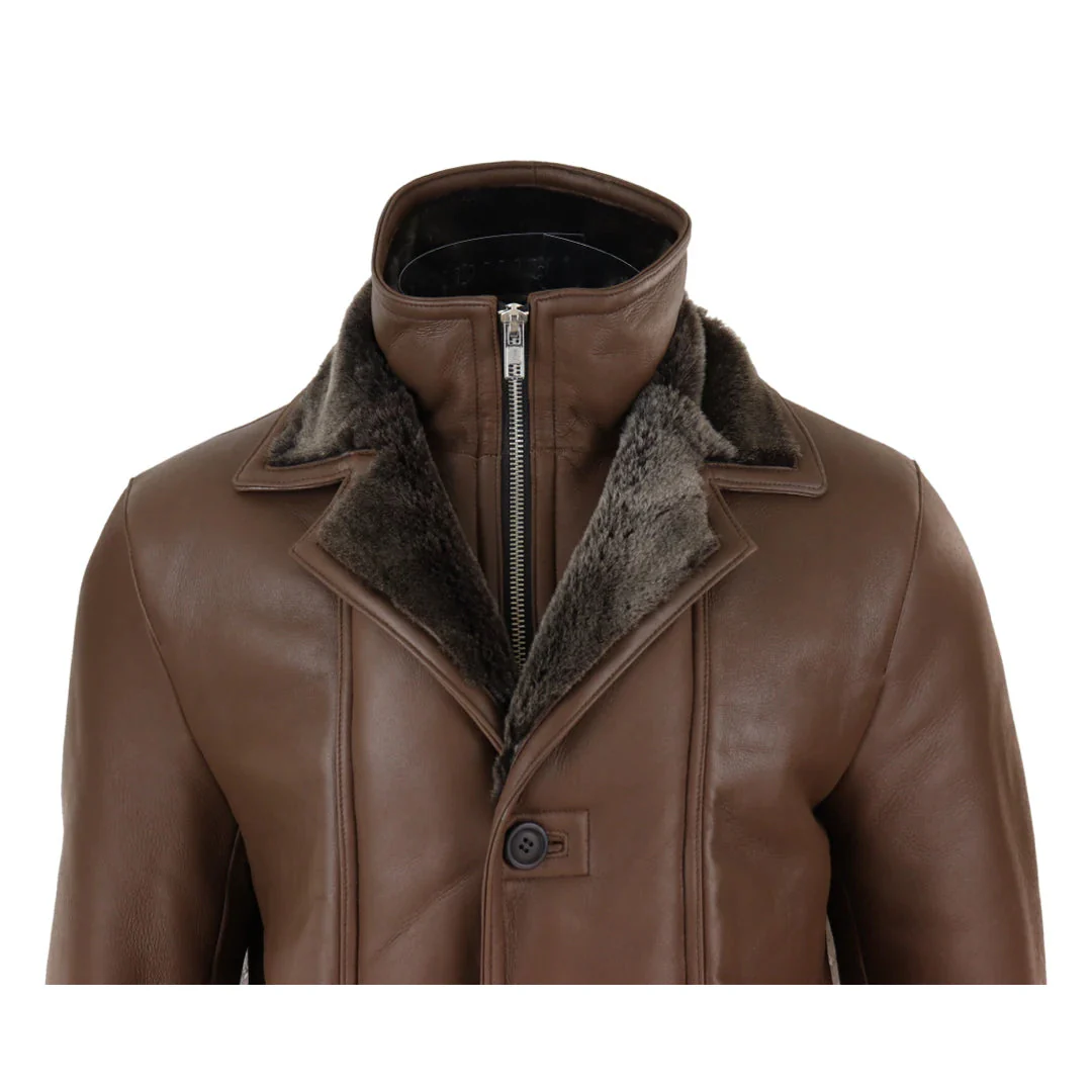 Men's 3/4 Duffle Jacket Sheepskin Long Button Zip Warm - Brown