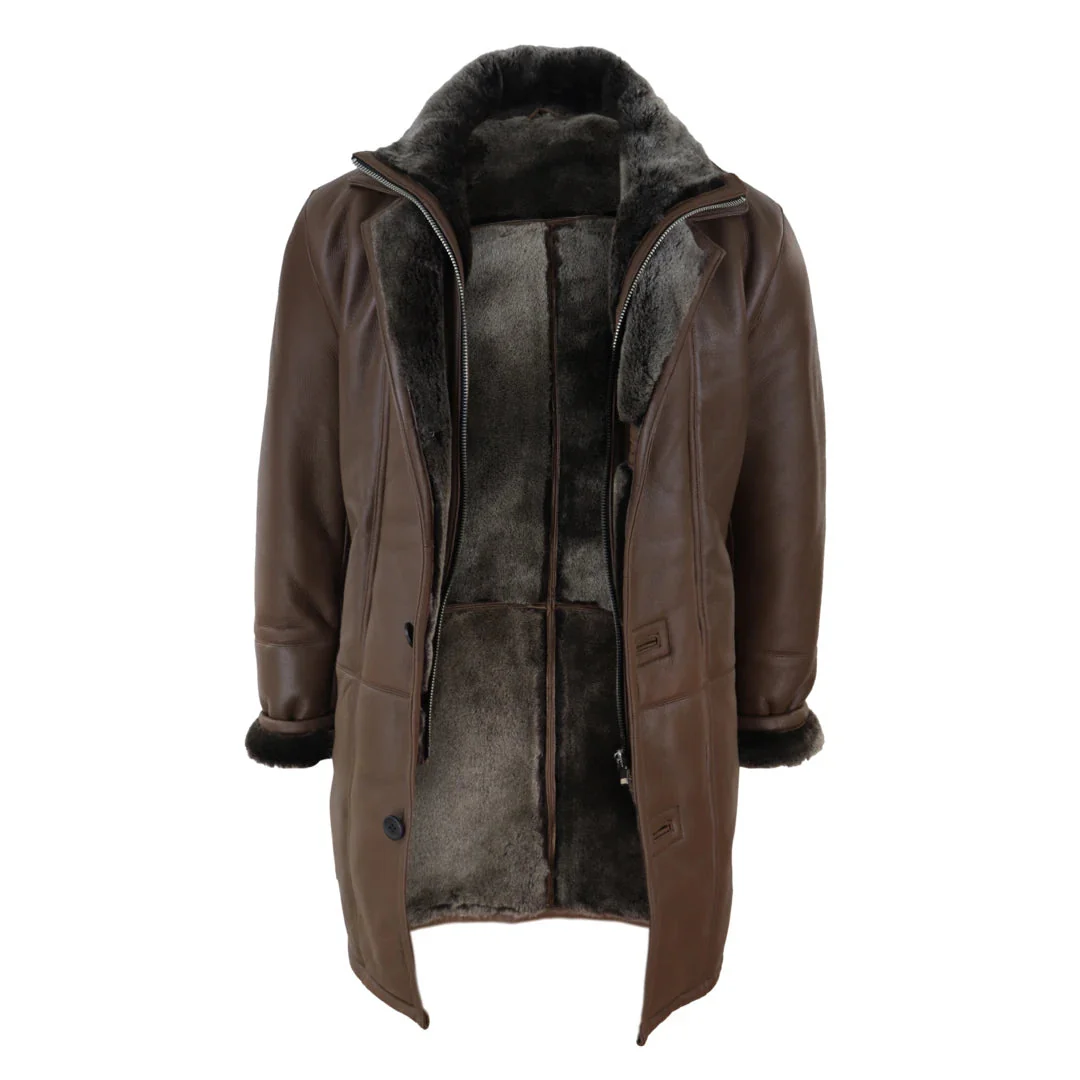 Men's 3/4 Duffle Jacket Sheepskin Long Button Zip Warm - Brown