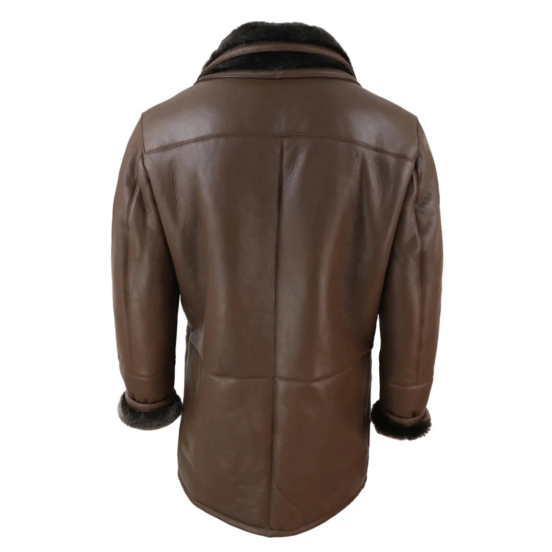 Men's 3/4 Duffle Jacket Sheepskin Long Button Zip Warm - Brown