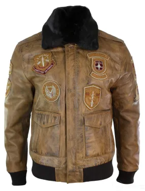 Mens Aviator Flying Pilot Bomber Jacket Vintage Tan Removable Black Fur Collar-Brown