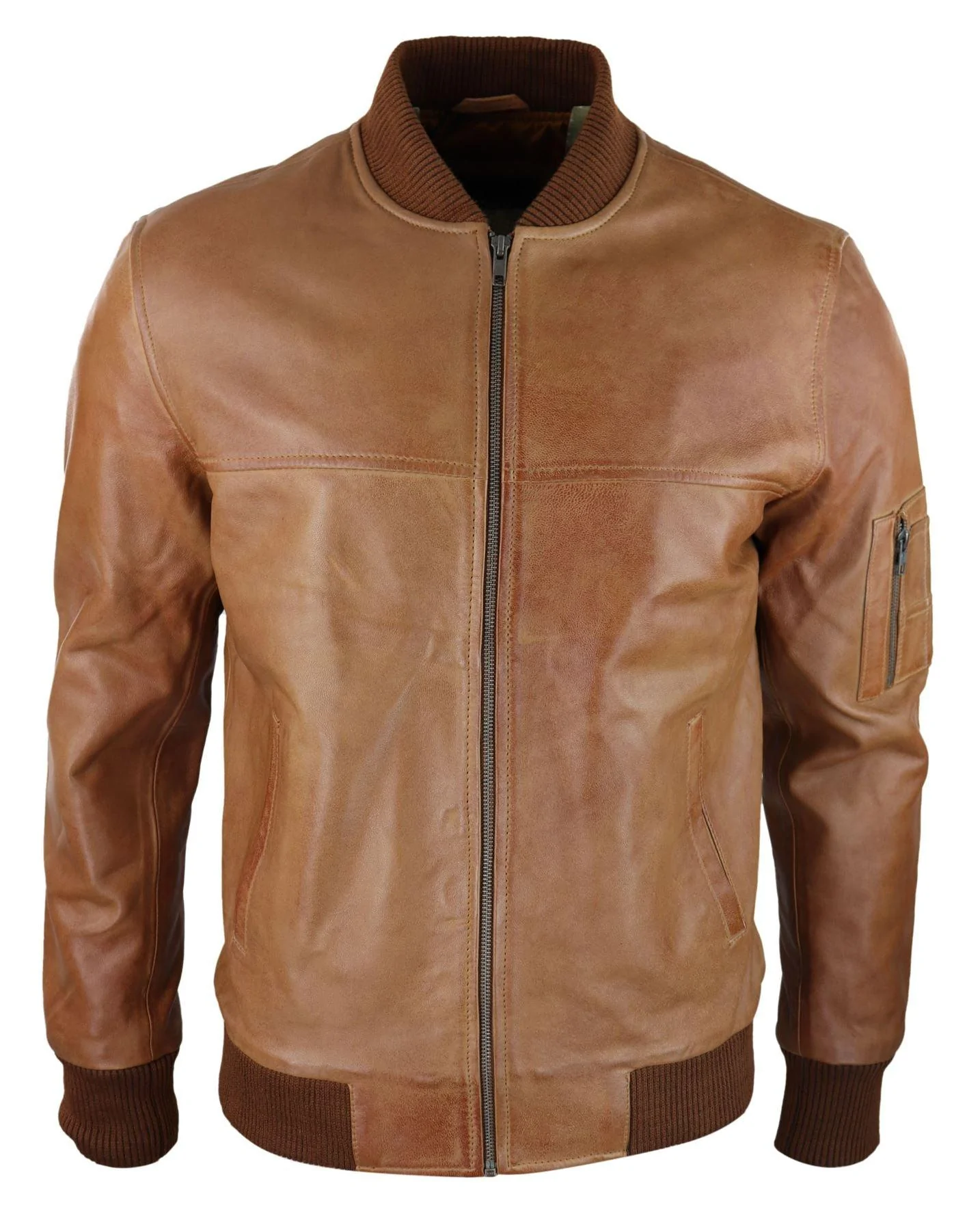 Mens Genuine Leather Bomber Jacket Leather Casual Varsity VIntage Smart Casual Tan