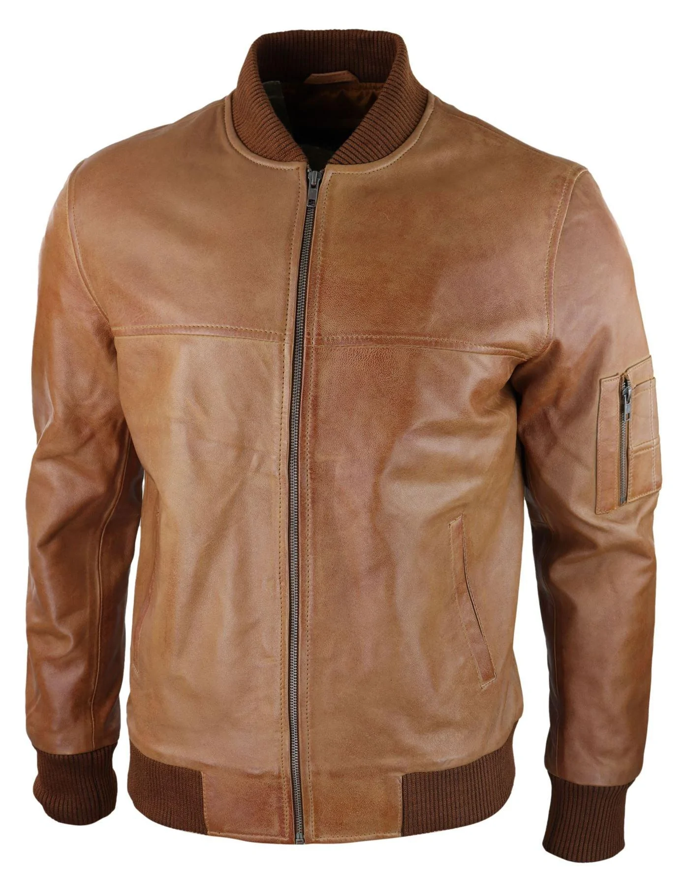 Mens Genuine Leather Bomber Jacket Leather Casual Varsity VIntage Smart Casual Tan