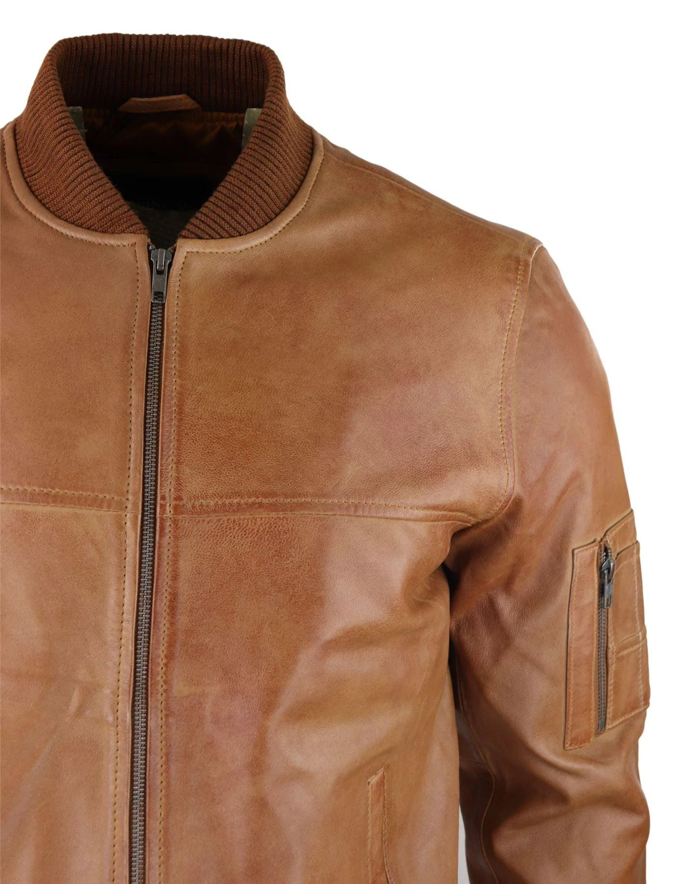 Mens Genuine Leather Bomber Jacket Leather Casual Varsity VIntage Smart Casual Tan