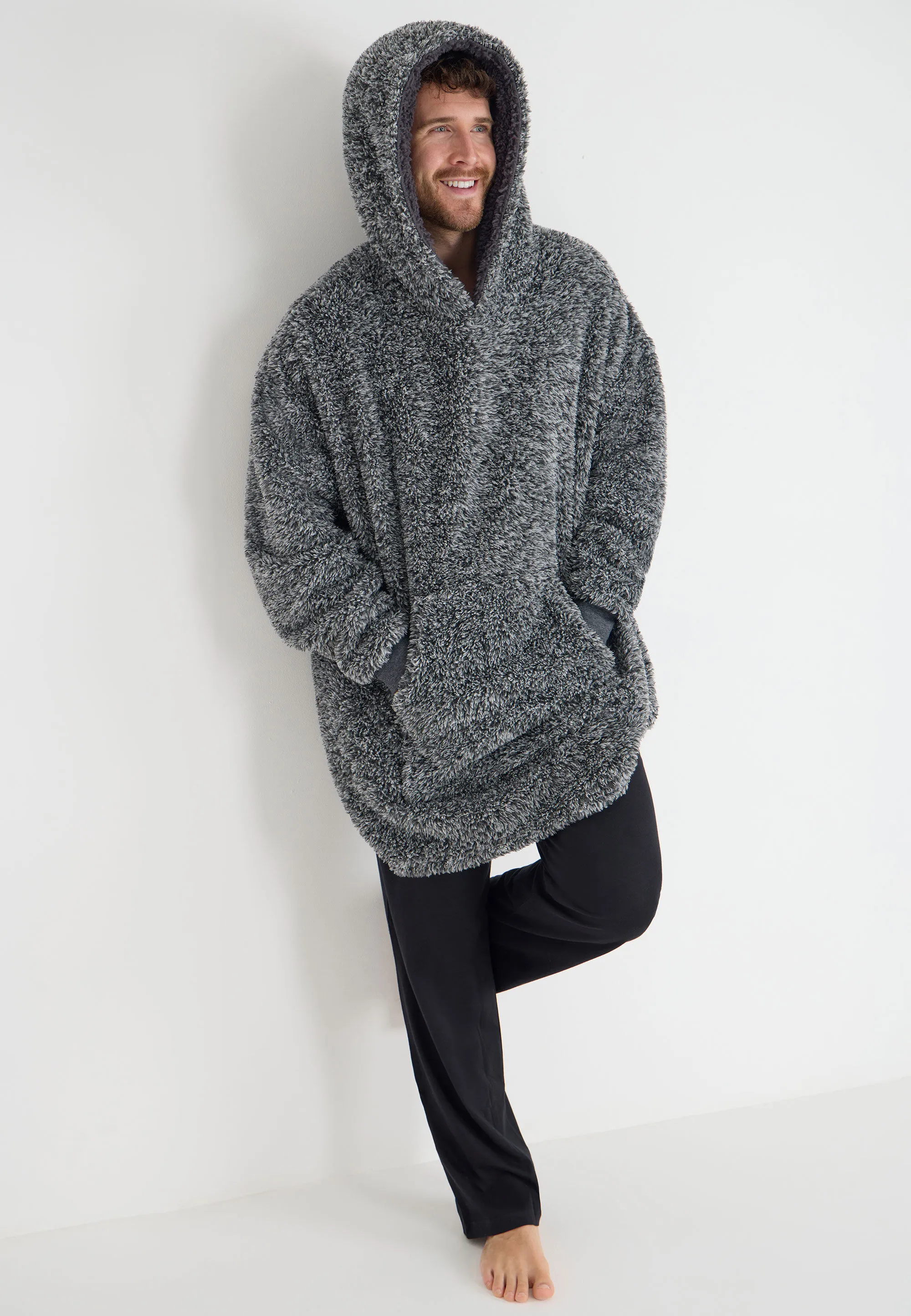 Mens Grey Hooded Blanket Sherpa Dressing Gown