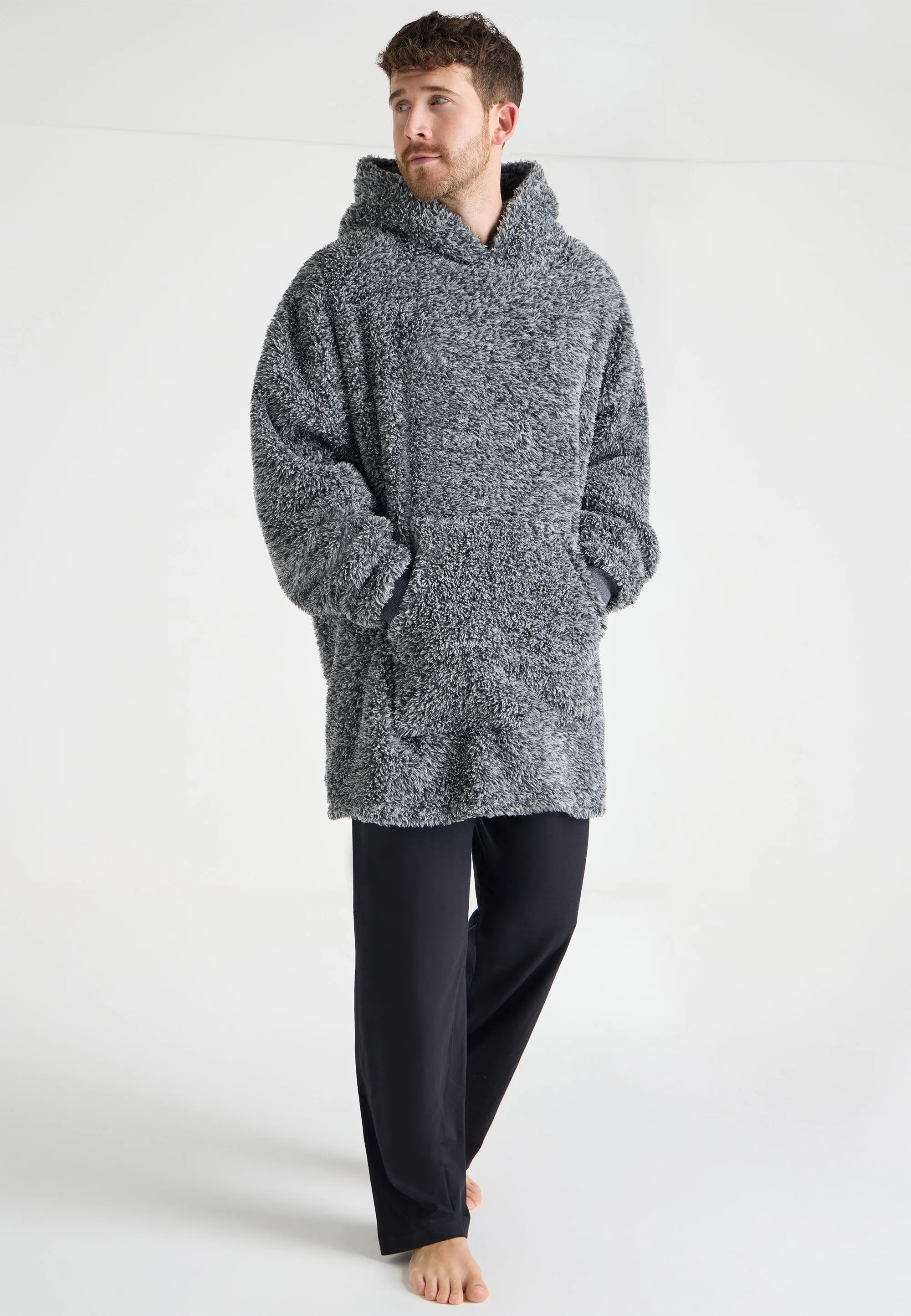 Mens Grey Hooded Blanket Sherpa Dressing Gown