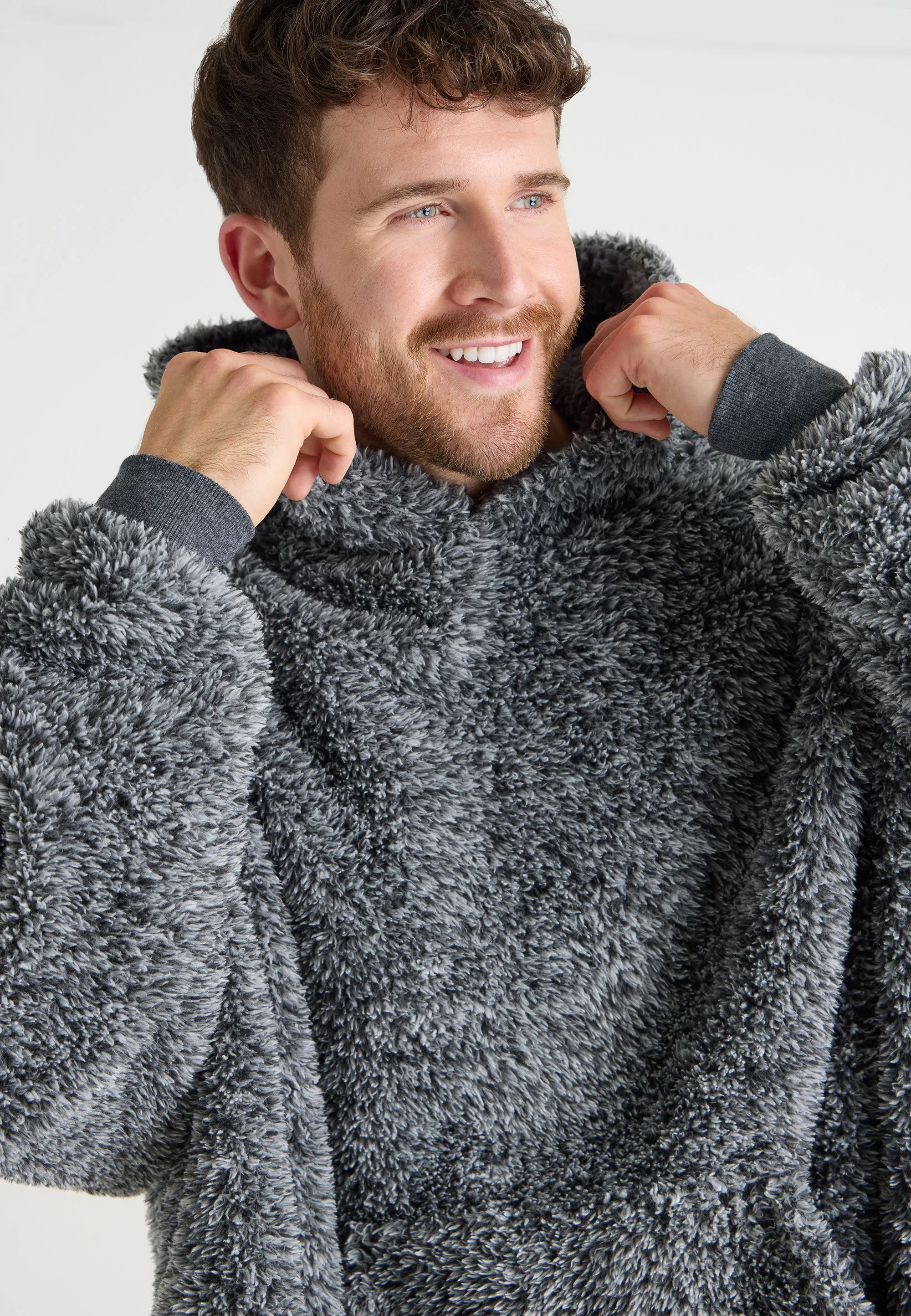 Mens Grey Hooded Blanket Sherpa Dressing Gown