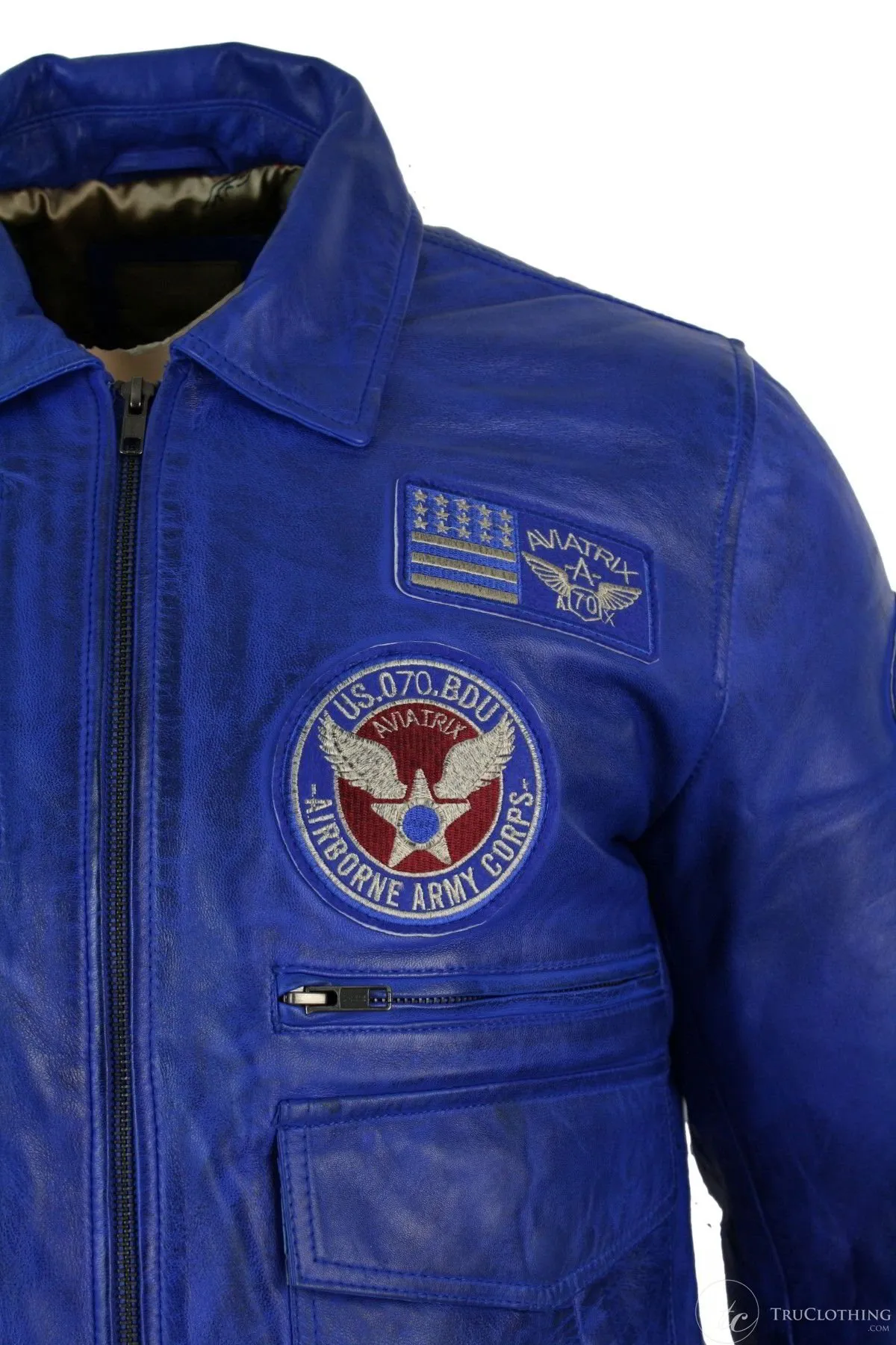 Mens Real Leather Black Bomber Badge Air Force Pilot Flying Jacket-Blue