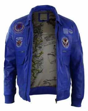 Mens Real Leather Black Bomber Badge Air Force Pilot Flying Jacket-Blue