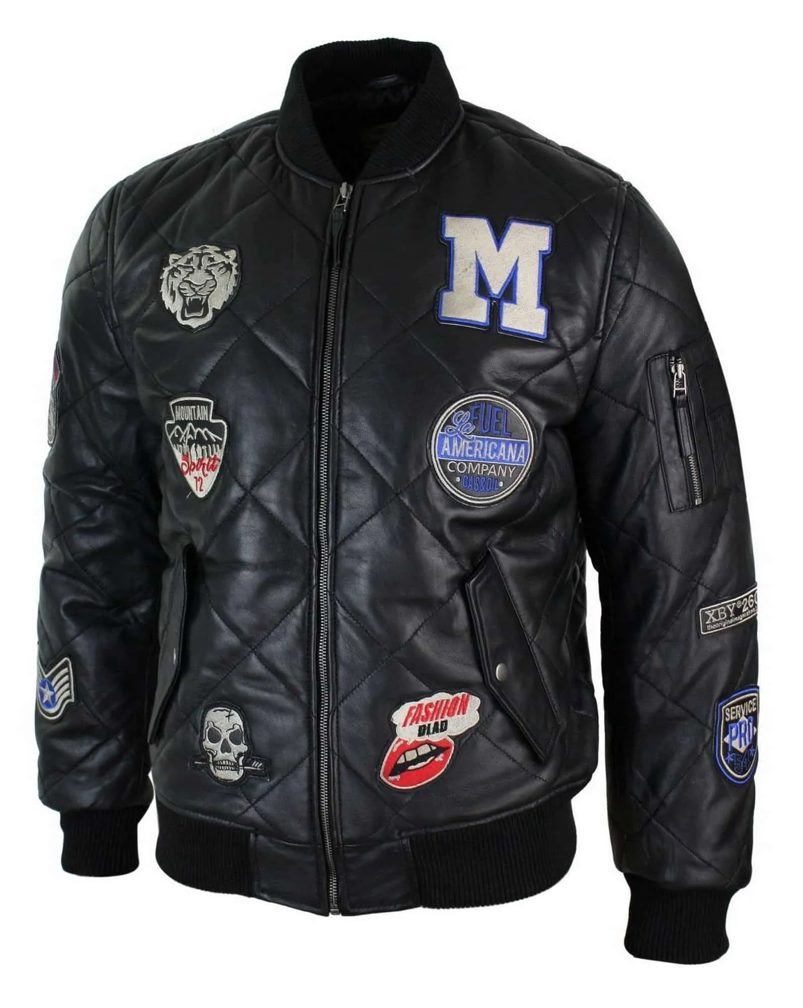 Mens Real Lether Quilted Puffer Varsity Baseball Bomber Letterman Jacket Badge