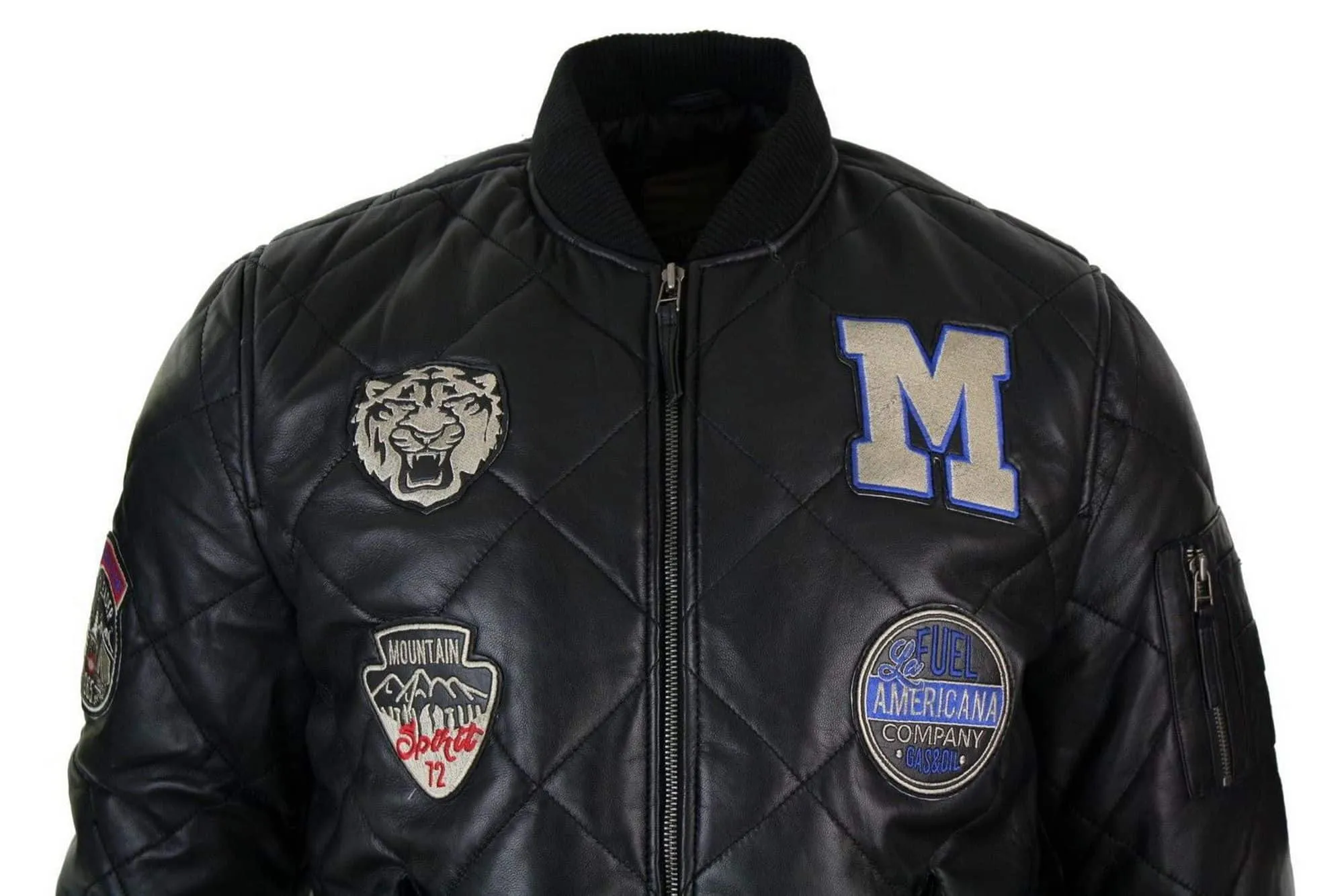 Mens Real Lether Quilted Puffer Varsity Baseball Bomber Letterman Jacket Badge