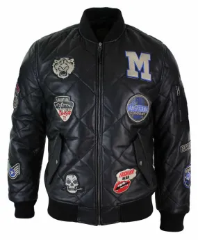 Mens Real Lether Quilted Puffer Varsity Baseball Bomber Letterman Jacket Badge