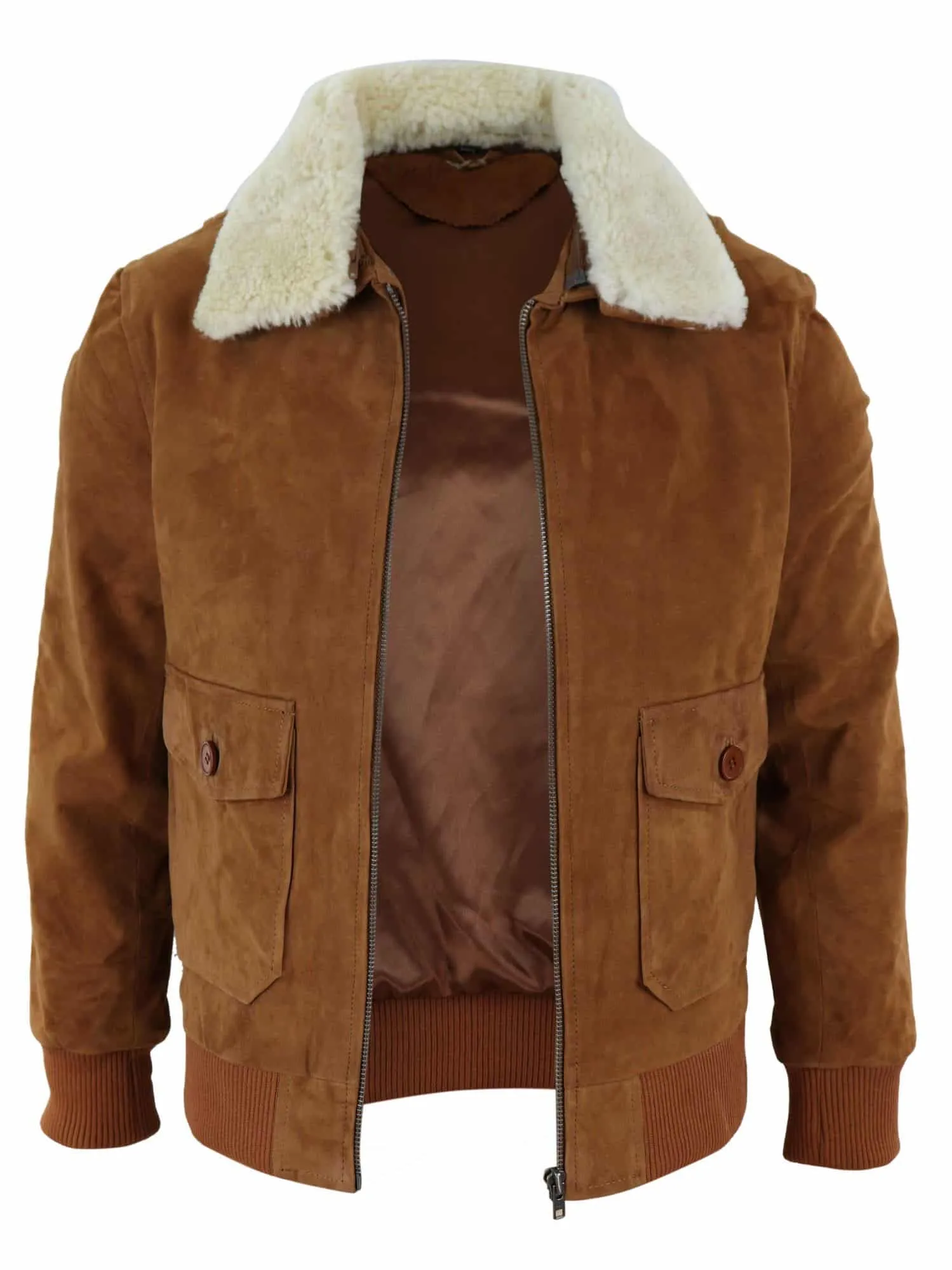 Mens Real Suede Varsity Bomber Jacket with Removable Collar - Tan