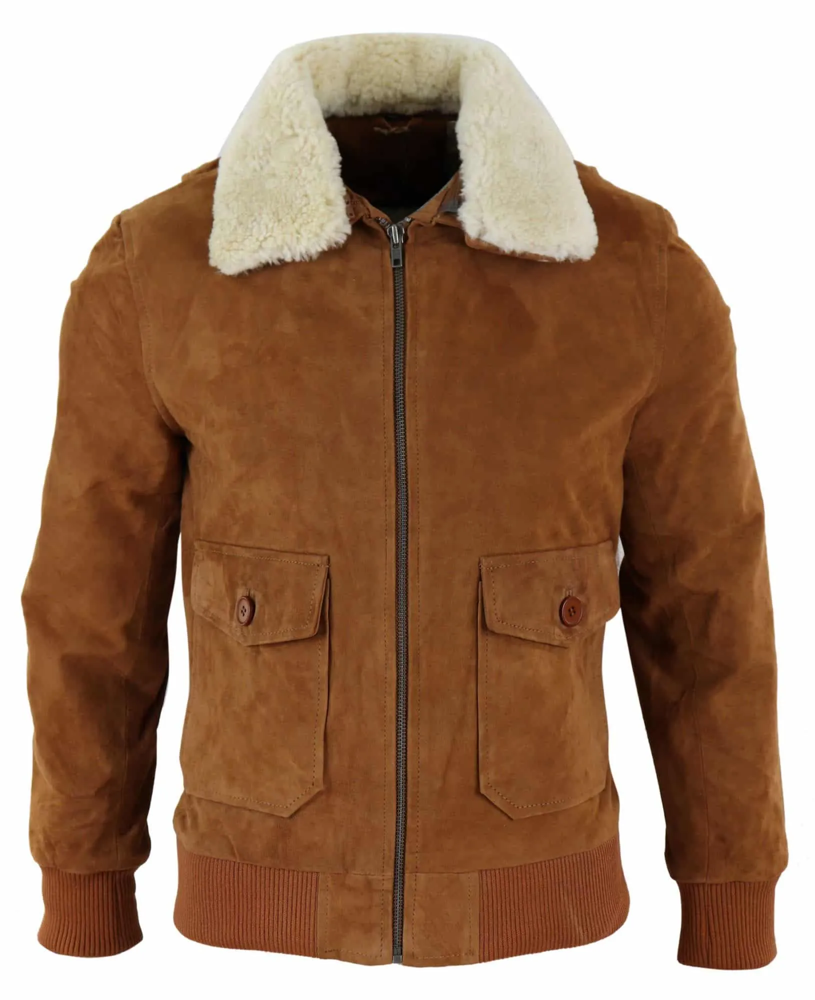 Mens Real Suede Varsity Bomber Jacket with Removable Collar - Tan