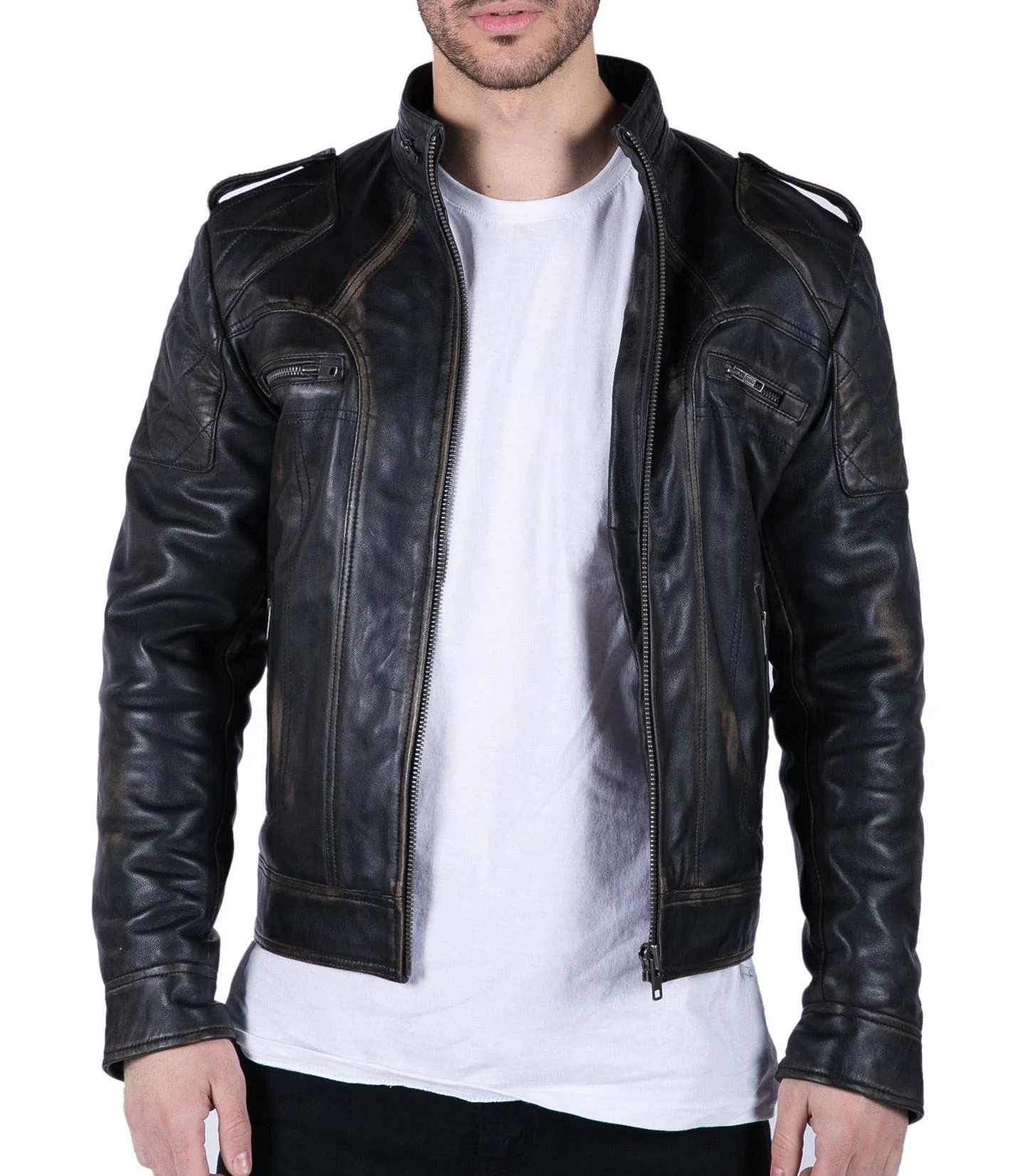 Mens Retro Real Leather Black Brown Washed Racer Jacket Biker Zipped Slim