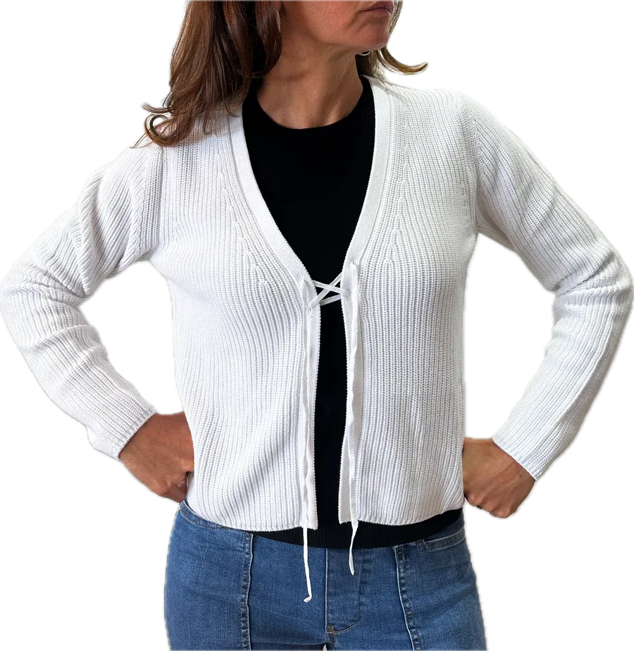 Minnie Rose Cotton Shaker Stitch Tie-Front Cardigan in White 