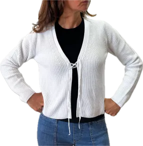 Minnie Rose Cotton Shaker Stitch Tie-Front Cardigan in White 