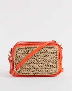 Orange Detail Raffia Camera Bag